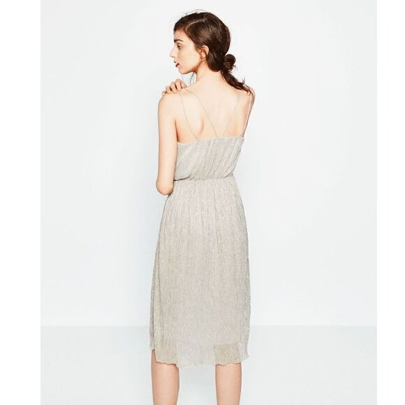 Like New Zara Iridescent Champagne Shimmer Delicate Strappy Midi Dress - Picture 4 of 12